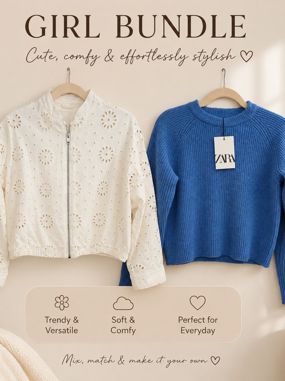 ZARA Girl Bundle Openwork Embroided Bomber And Soft Sweater